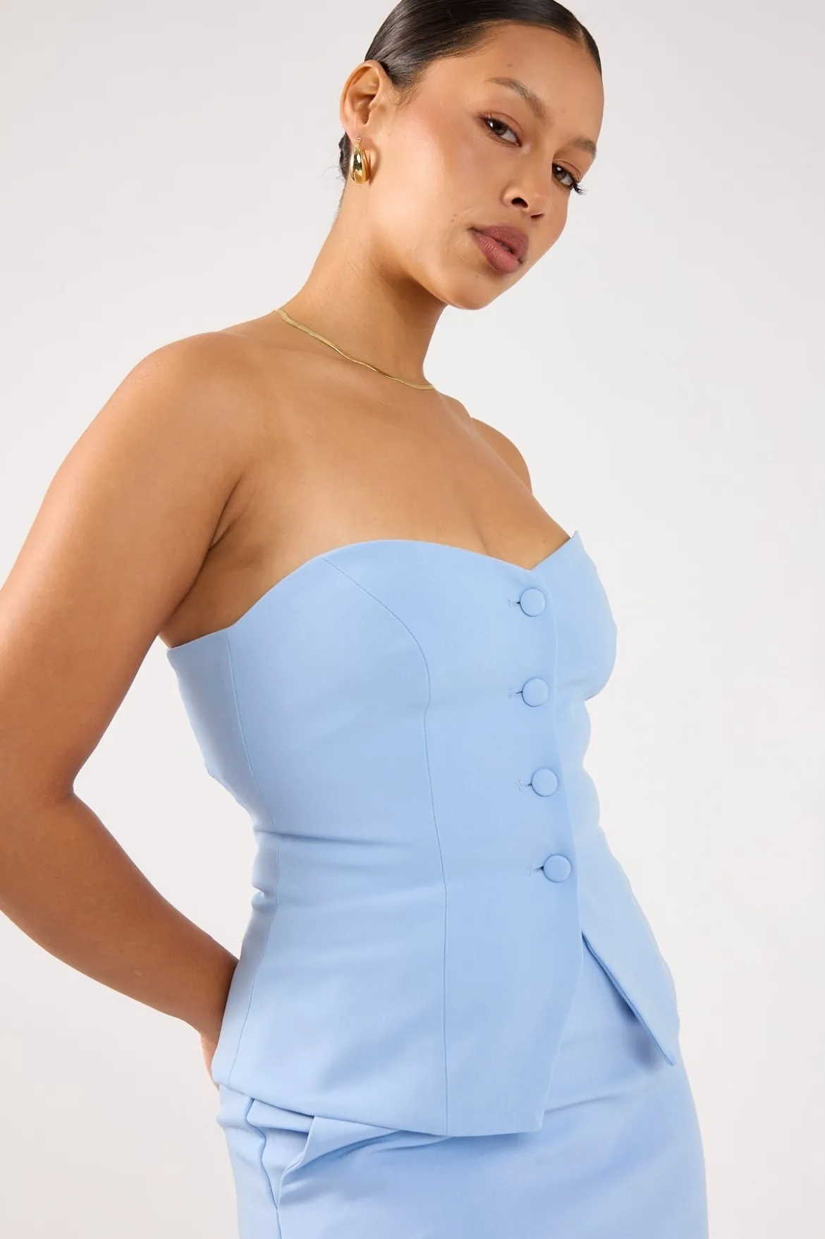 Luna Strapless Button Through Top Blue