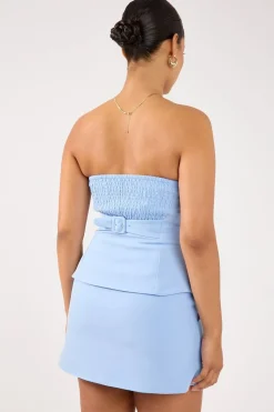 Luna Strapless Button Through Top Blue