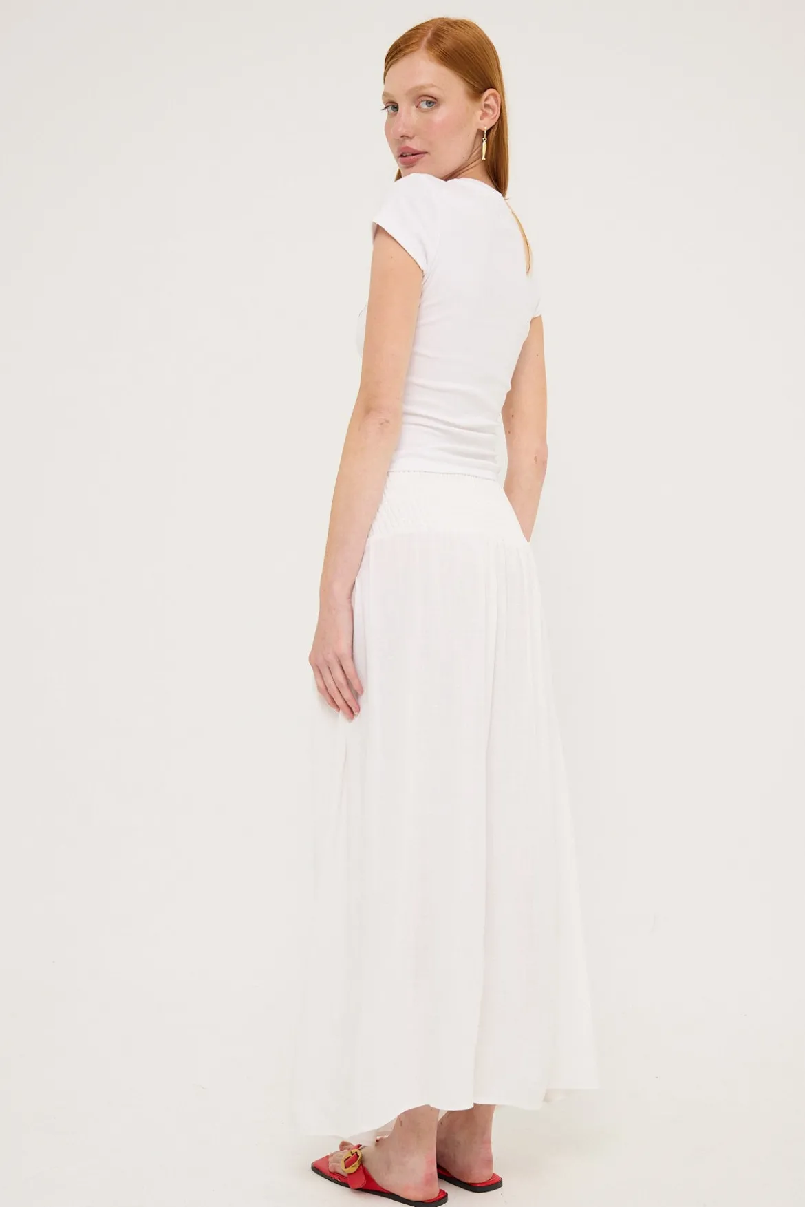 Luxe Linen Shirred Maxi Skirt White