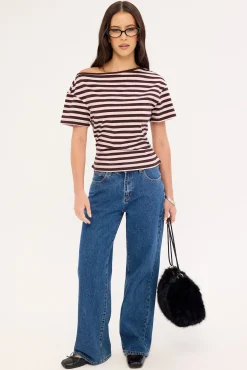 Lydia Stripe Off Shoulder T-shirt Brown and Pink