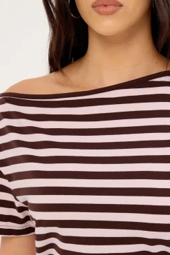 Lydia Stripe Off Shoulder T-shirt Brown and Pink