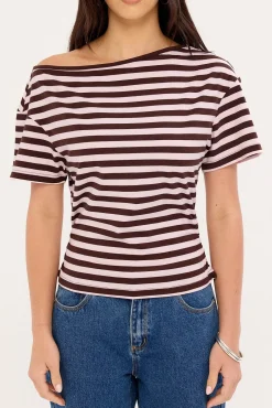 Lydia Stripe Off Shoulder T-shirt Brown and Pink