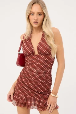 Mahli Mesh Halter Mini Dress Brown Check