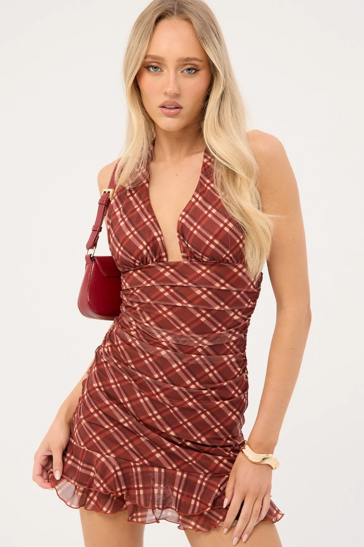 Mahli Mesh Halter Mini Dress Brown Check