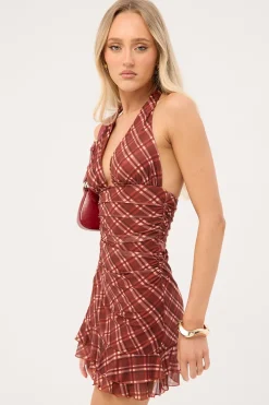 Mahli Mesh Halter Mini Dress Brown Check