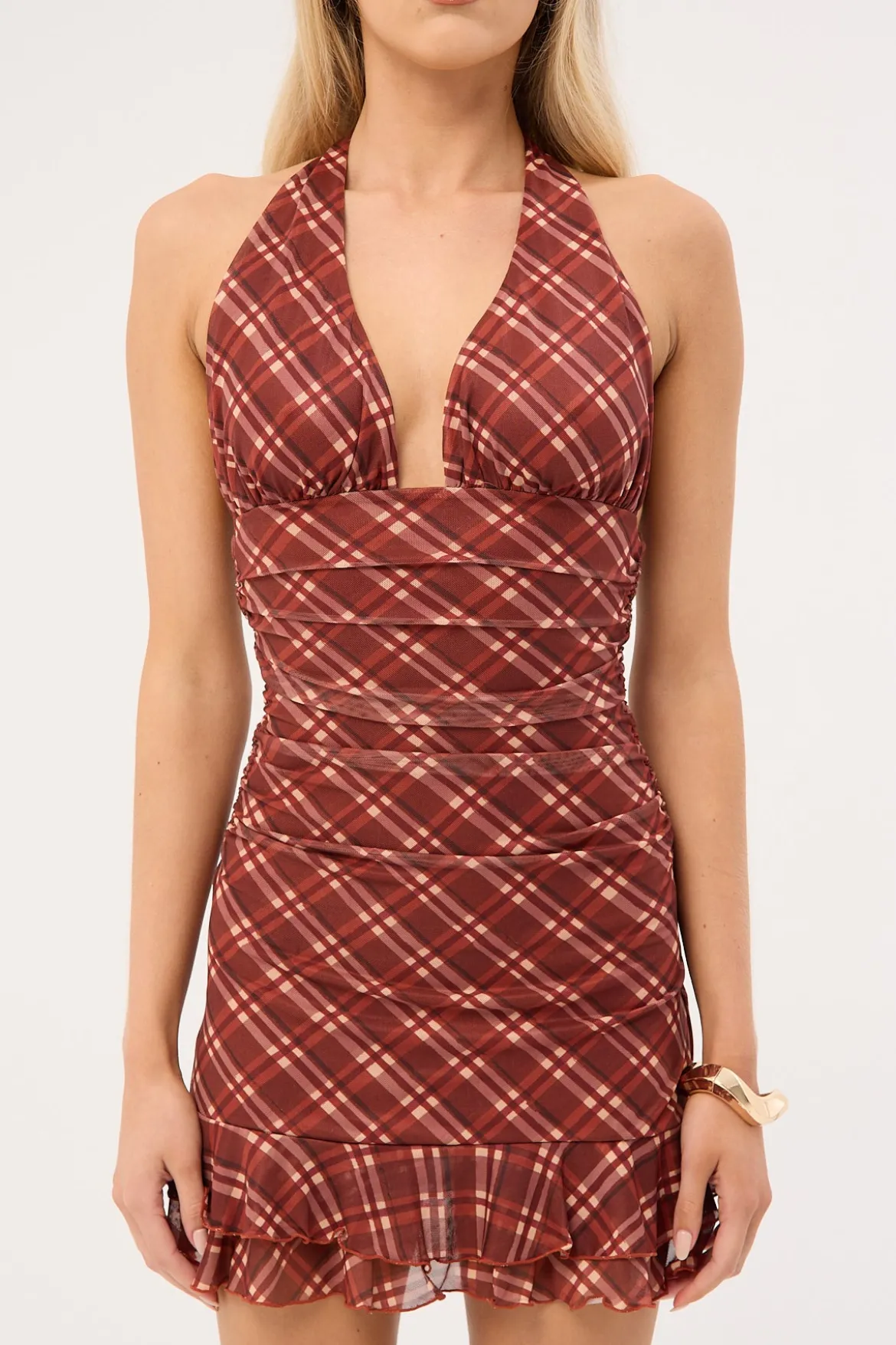 Mahli Mesh Halter Mini Dress Brown Check