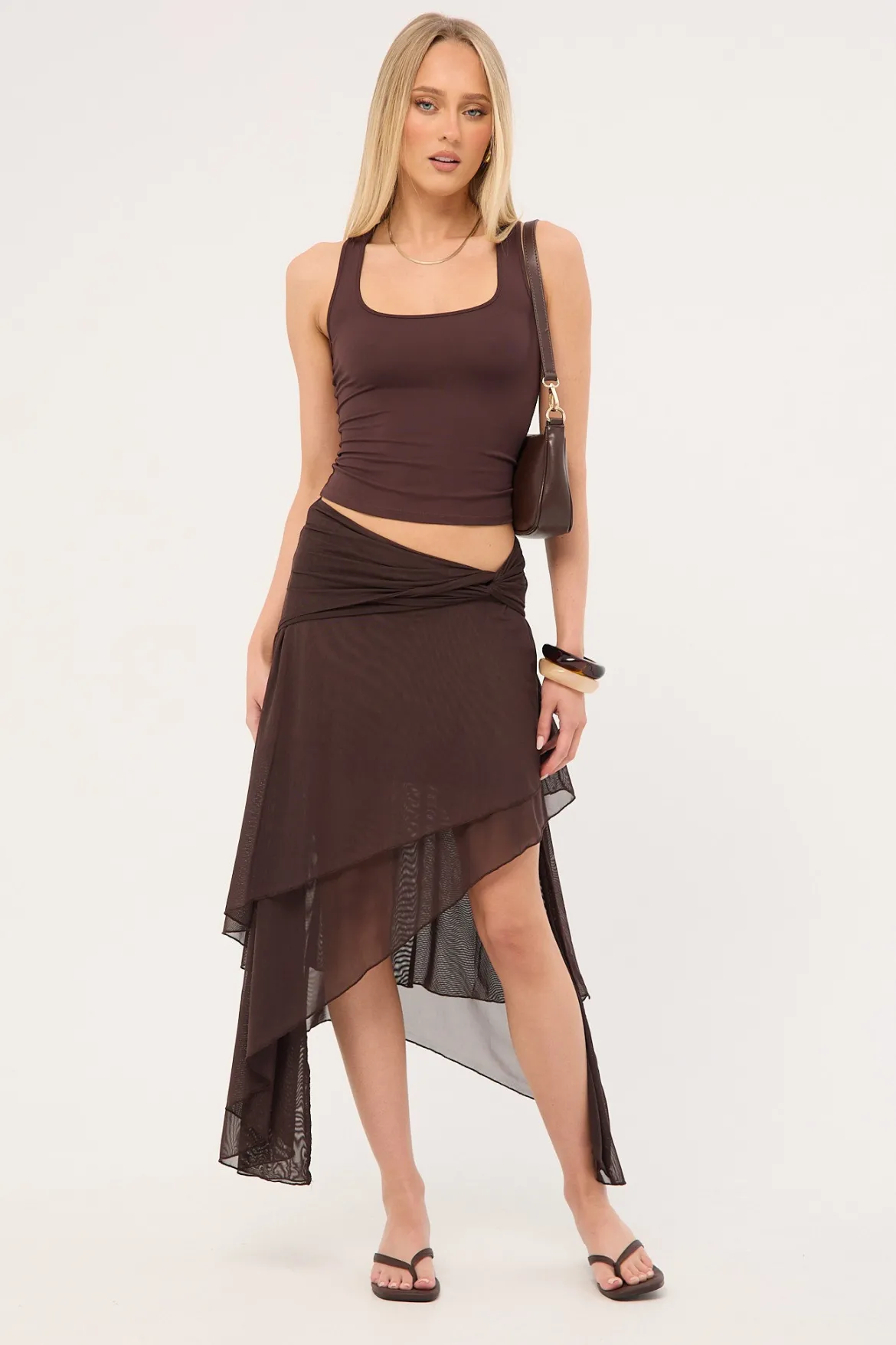 Malia Asymmetrical Midi Skirt Brown