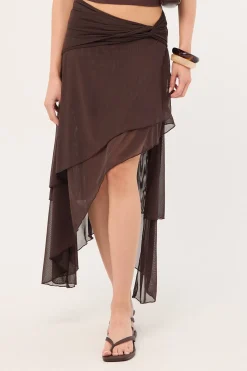 Malia Asymmetrical Midi Skirt Brown