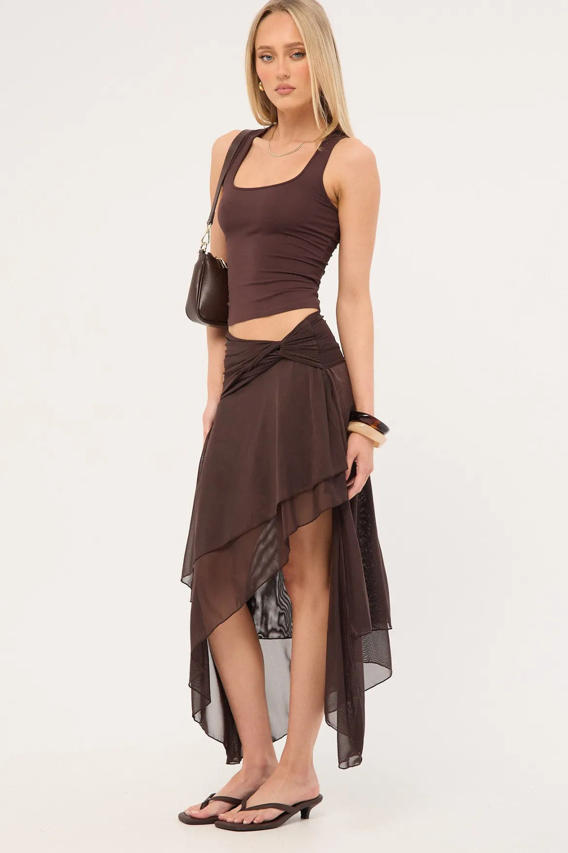 Malia Asymmetrical Midi Skirt Brown