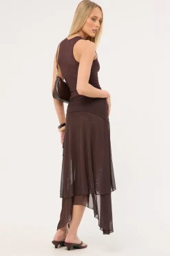Malia Asymmetrical Midi Skirt Brown