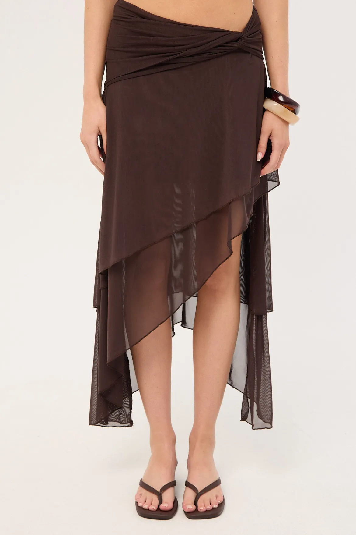 Malia Asymmetrical Midi Skirt Brown