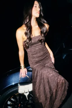 Malia Lace Strapless Asymmetrical Midi Dress Brown
