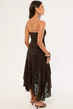 Malia Lace Strapless Asymmetrical Midi Dress Brown