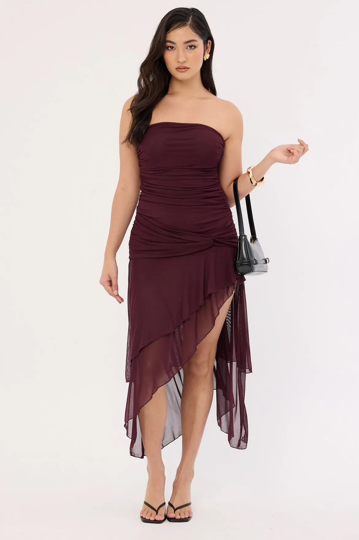 Malia Strapless Asymmetrical Midi Dress Plum