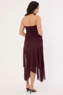 Malia Strapless Asymmetrical Midi Dress Plum