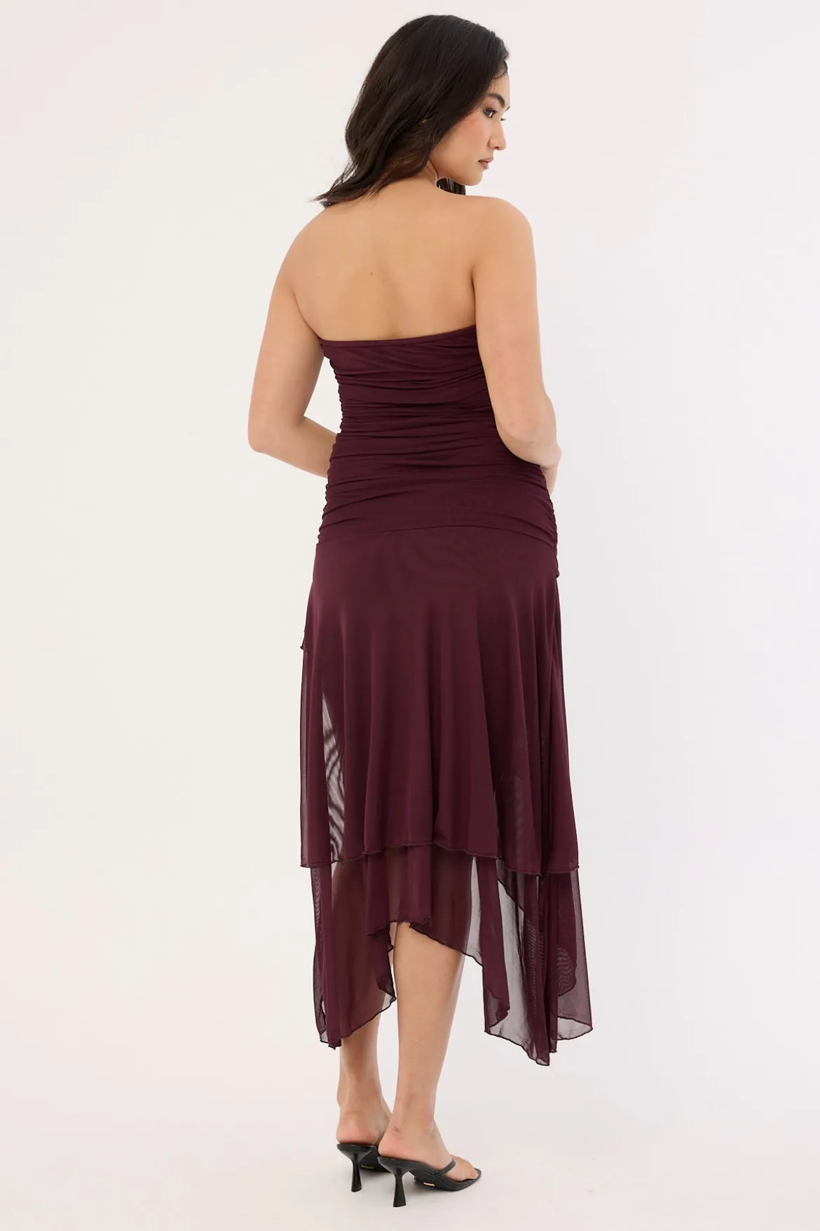 Malia Strapless Asymmetrical Midi Dress Plum