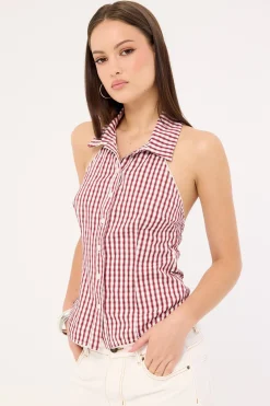 Marie Sleeveless Button Up Blouse Burgundy Check