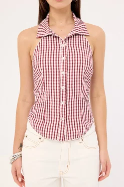 Marie Sleeveless Button Up Blouse Burgundy Check