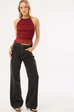 Marisole Halter Gathered Tie Top Burgundy