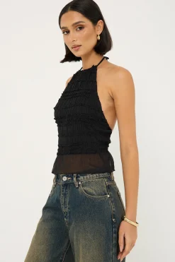 Marisole Halter Gathered Tie Top Black