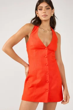 Menorca Halter Button Linen Mini Dress Red