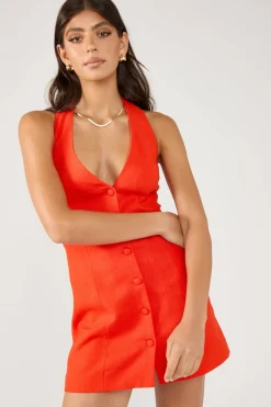 Menorca Halter Button Linen Mini Dress Red