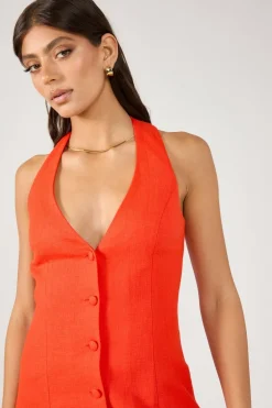 Menorca Halter Button Linen Mini Dress Red