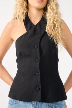Menorca High Neck Button Up Halter Top Black