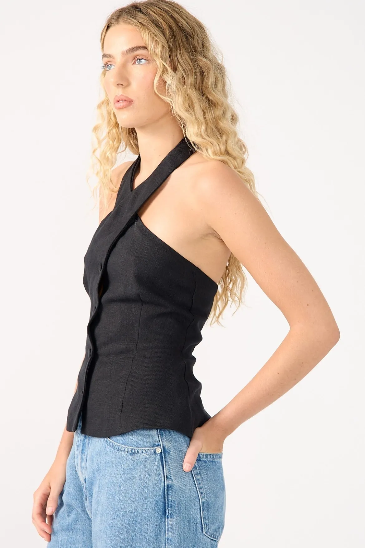 Menorca High Neck Button Up Halter Top Black