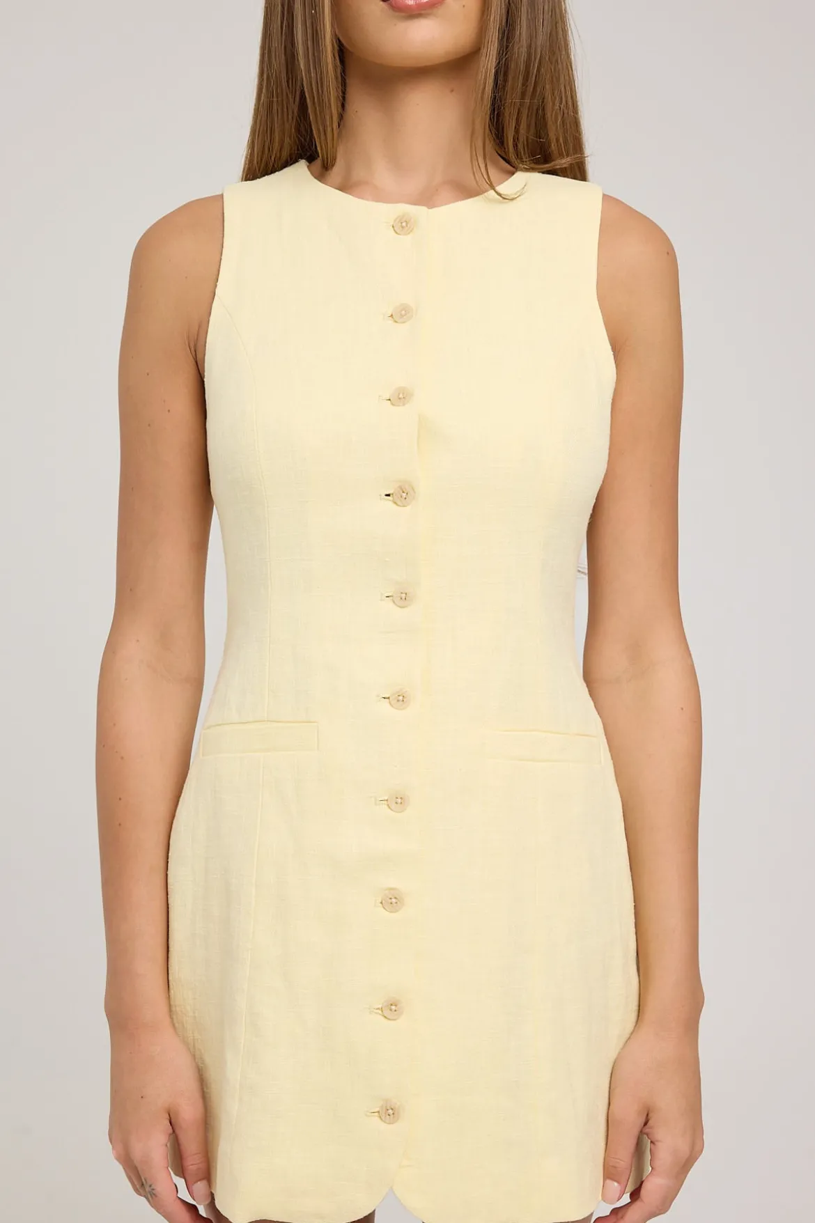 Menorca High Neck Linen Mini Dress Lemon