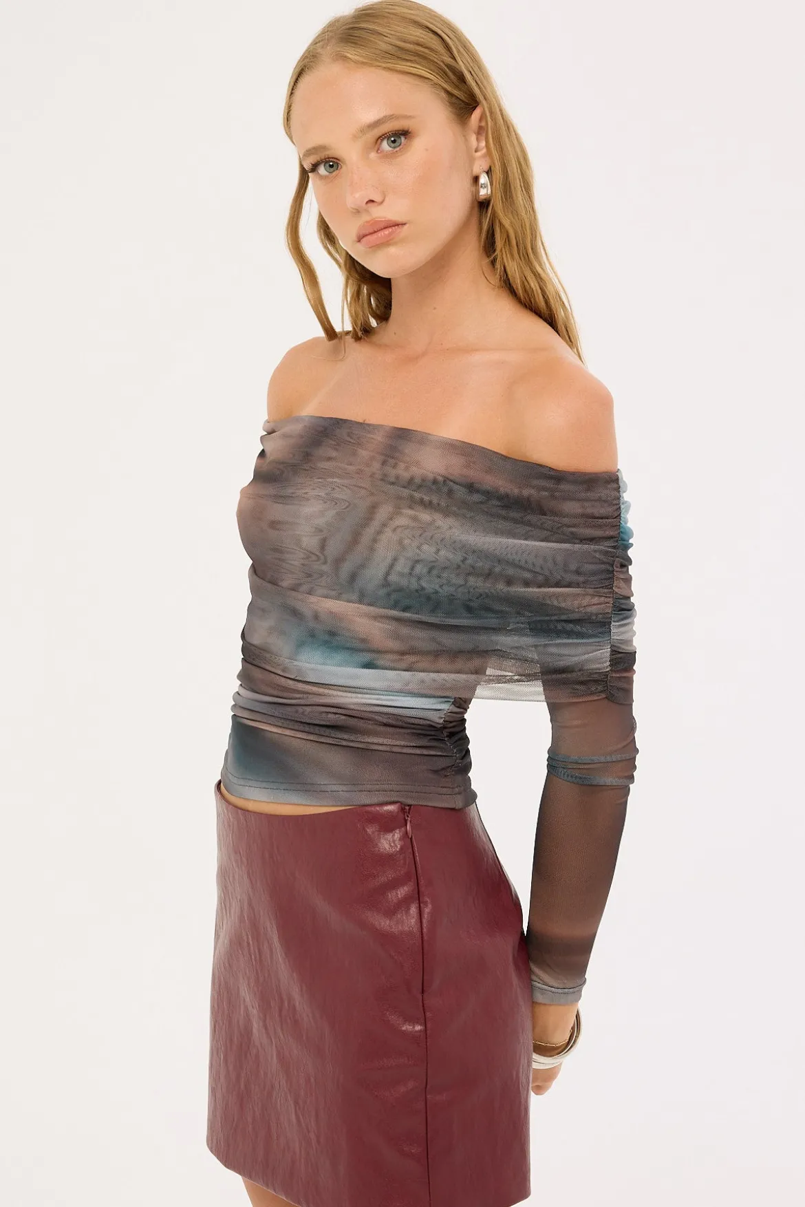 Meteor Elyse Off Shoulder Recycled Top Blur Print
