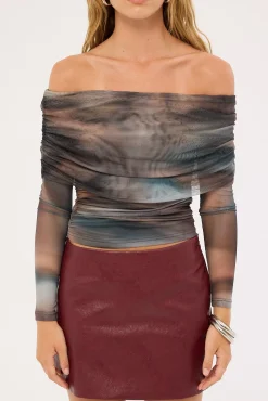 Meteor Elyse Off Shoulder Recycled Top Blur Print