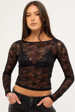 Mia Sequin Lace Long Sleeve Top Black