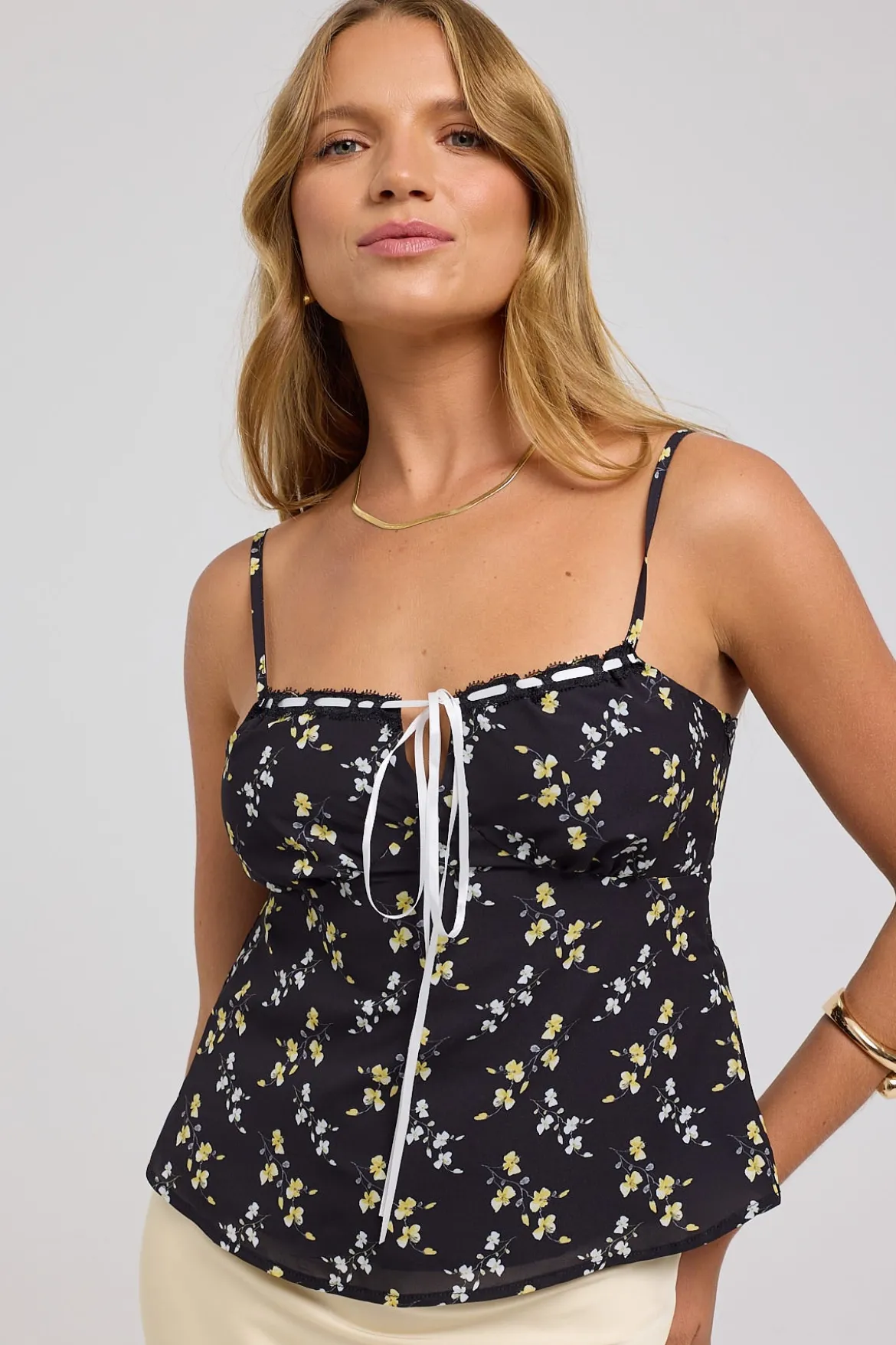 Midnight Meadows Lace Cami Top Yellow Floral