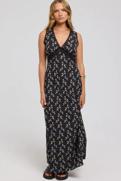 Midnight Meadows Lace Midi Dress Yellow Floral