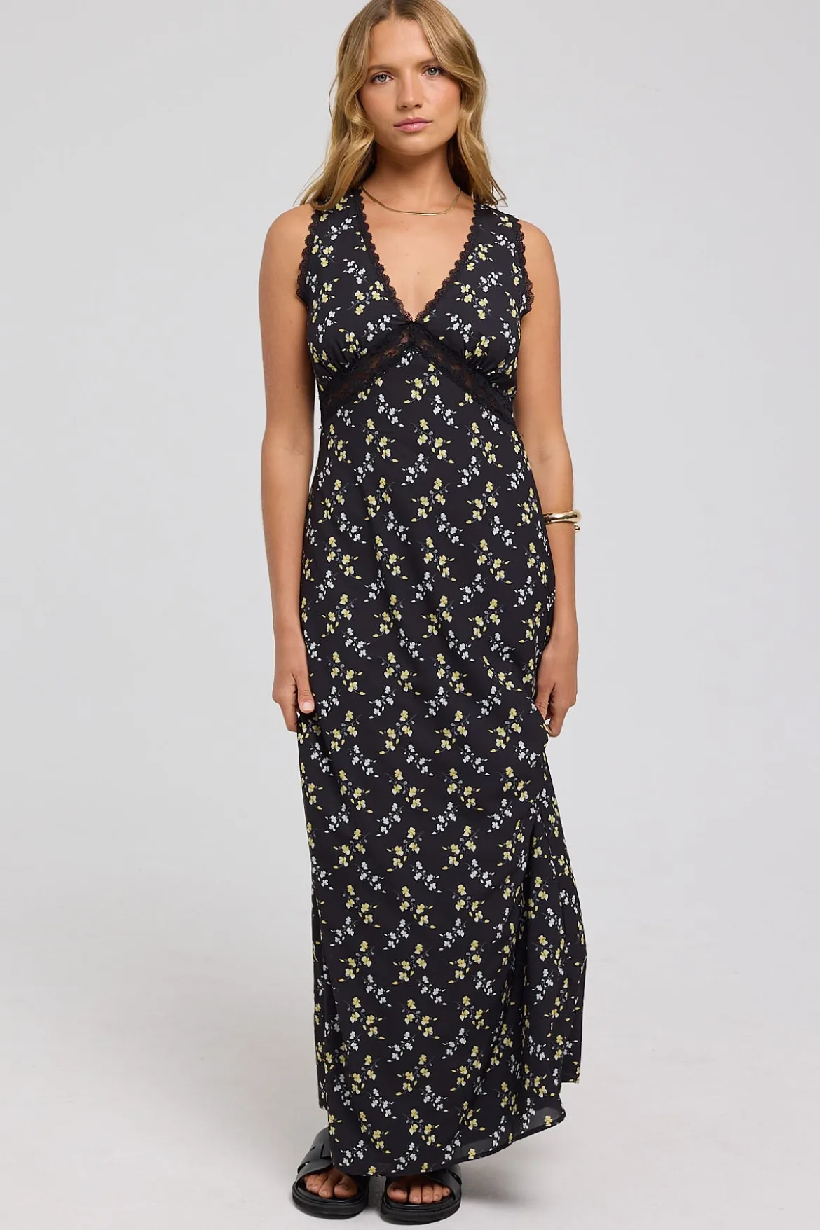 Midnight Meadows Lace Midi Dress Yellow Floral