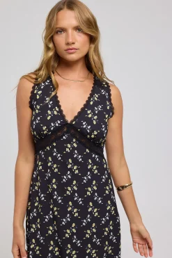 Midnight Meadows Lace Midi Dress Yellow Floral