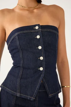 Mila Denim Button Up Top Dark Blue Denim