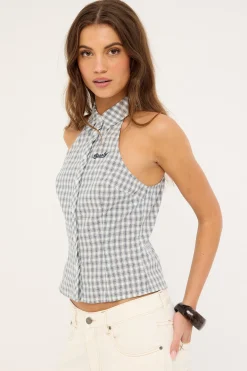 Missy May Sleeveless Check Shirt Egret Blue Check