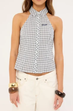 Missy May Sleeveless Check Shirt Egret Blue Check