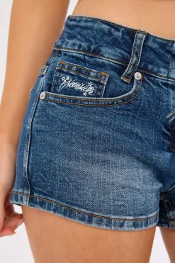Misty Lace Up Denim Short Mid Blue Denim