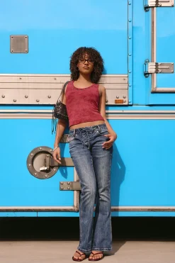 Misty Lace Up Low Bootcut Jean Mid Blue Denim