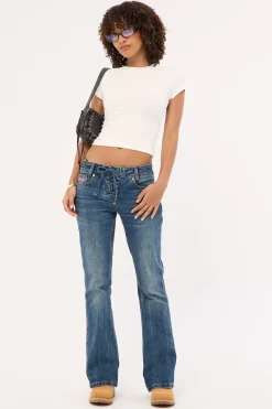 Misty Lace Up Low Bootcut Jean Mid Blue Denim