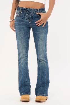 Misty Lace Up Low Bootcut Jean Mid Blue Denim