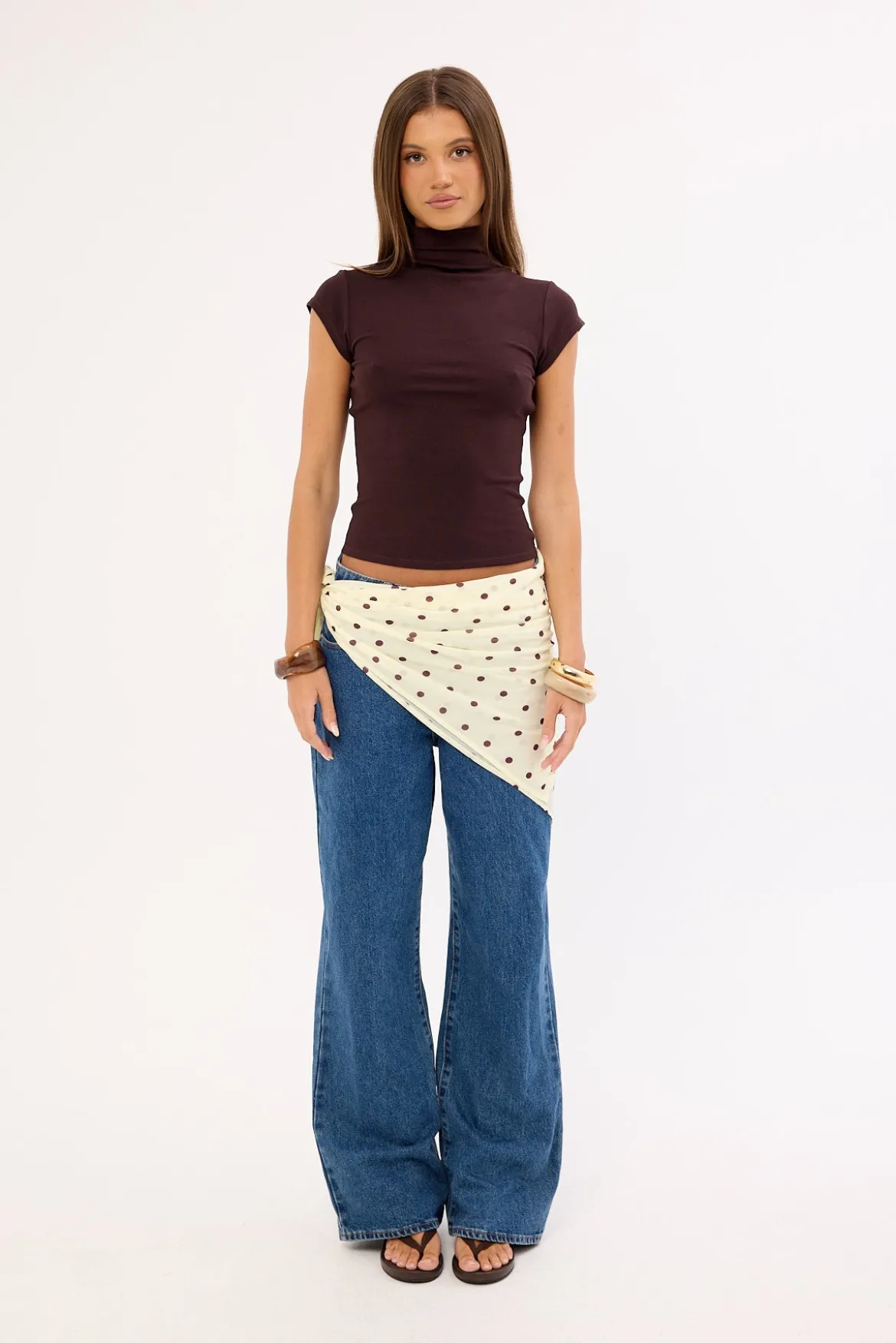 Mock Neck Cap Sleeve T-shirt Brown