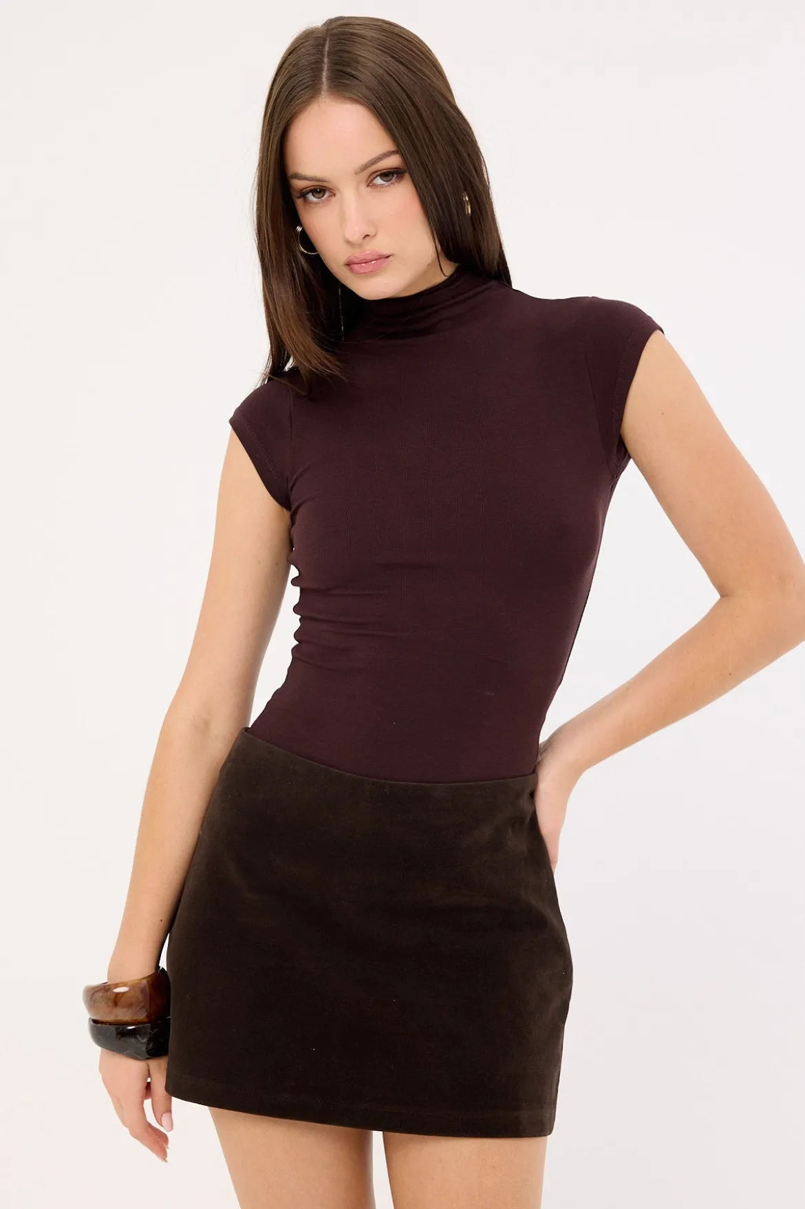 Mock Neck Cap Sleeve T-shirt Brown