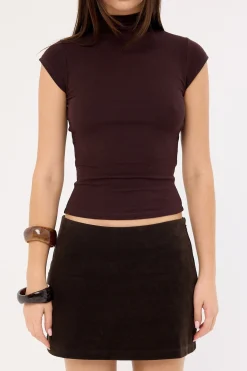 Mock Neck Cap Sleeve T-shirt Brown