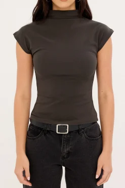 Mock Neck Fitted Tee Charcoal