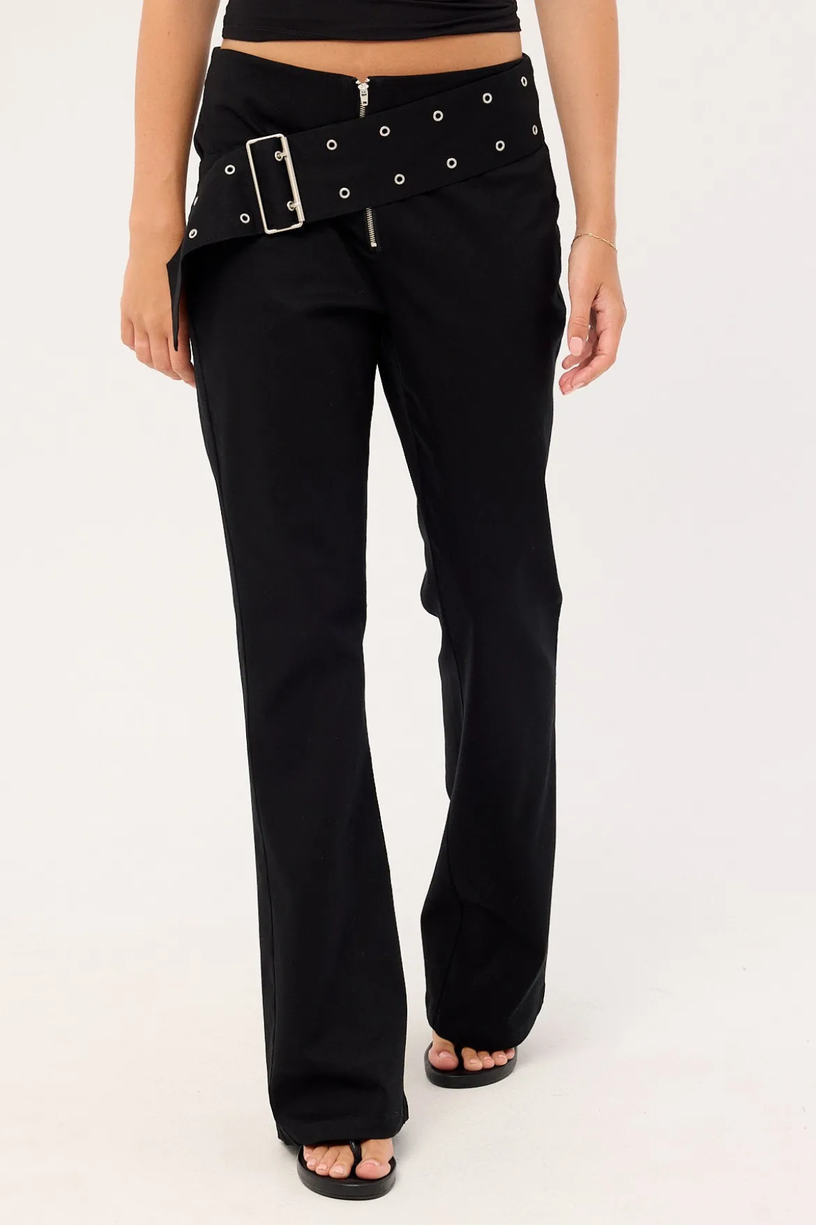 Mode Cross Belt Bootcut Pants Washed Black