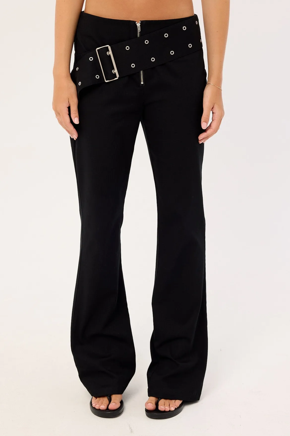 Mode Cross Belt Bootcut Pants Washed Black
